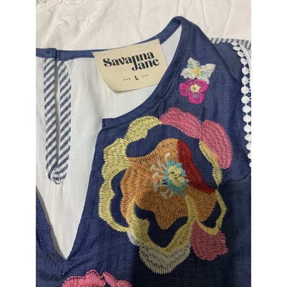 Savanna Jane Embroidered Blue Striped Dress Large Sheath Knee Length Boho Hippie - Picture 6 of 8